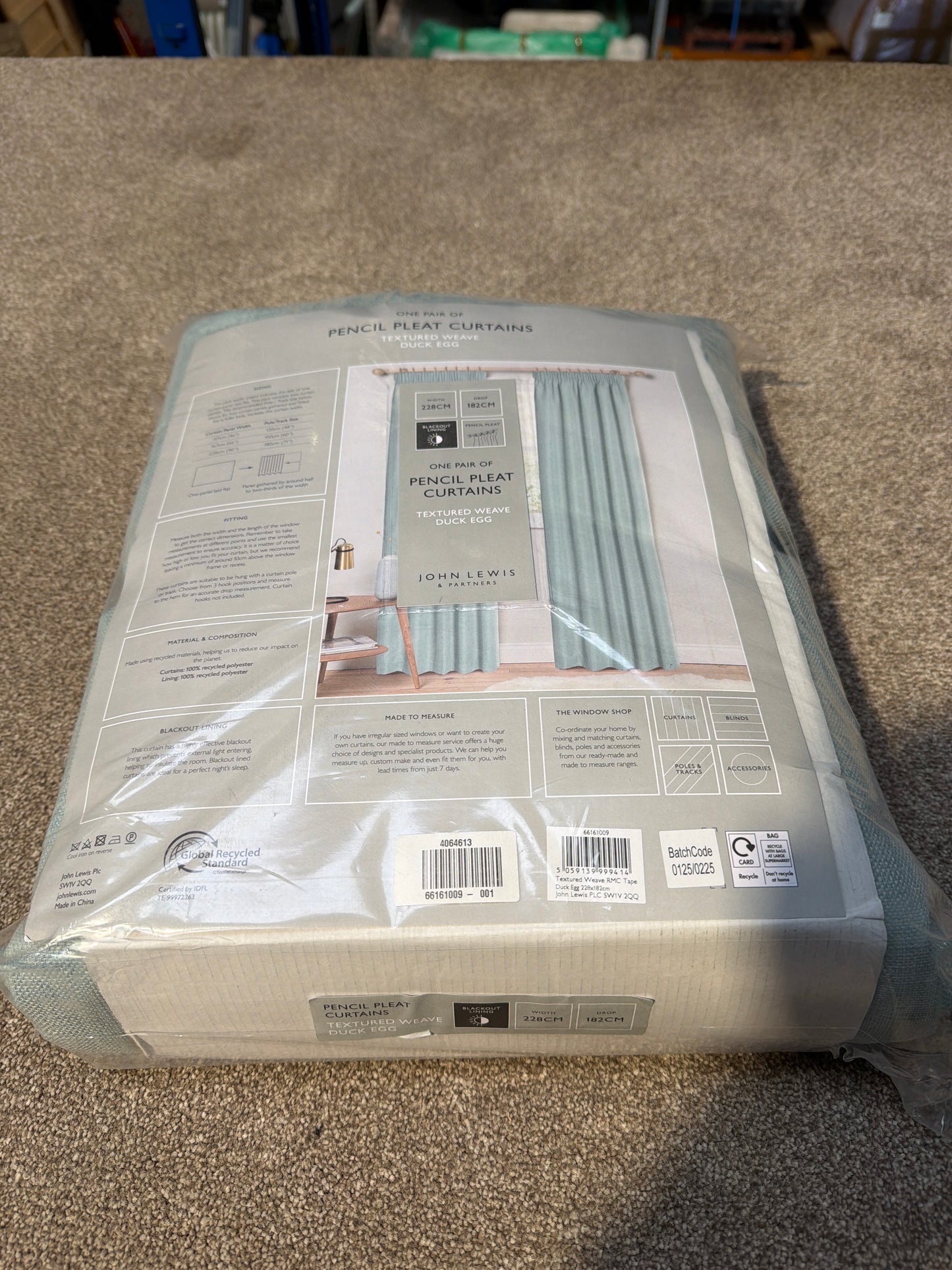 John Lewis Textured Weave Pair Blackout Lined Pencil Pleat Curtains, Duck Egg, W228 x Drop 228cm