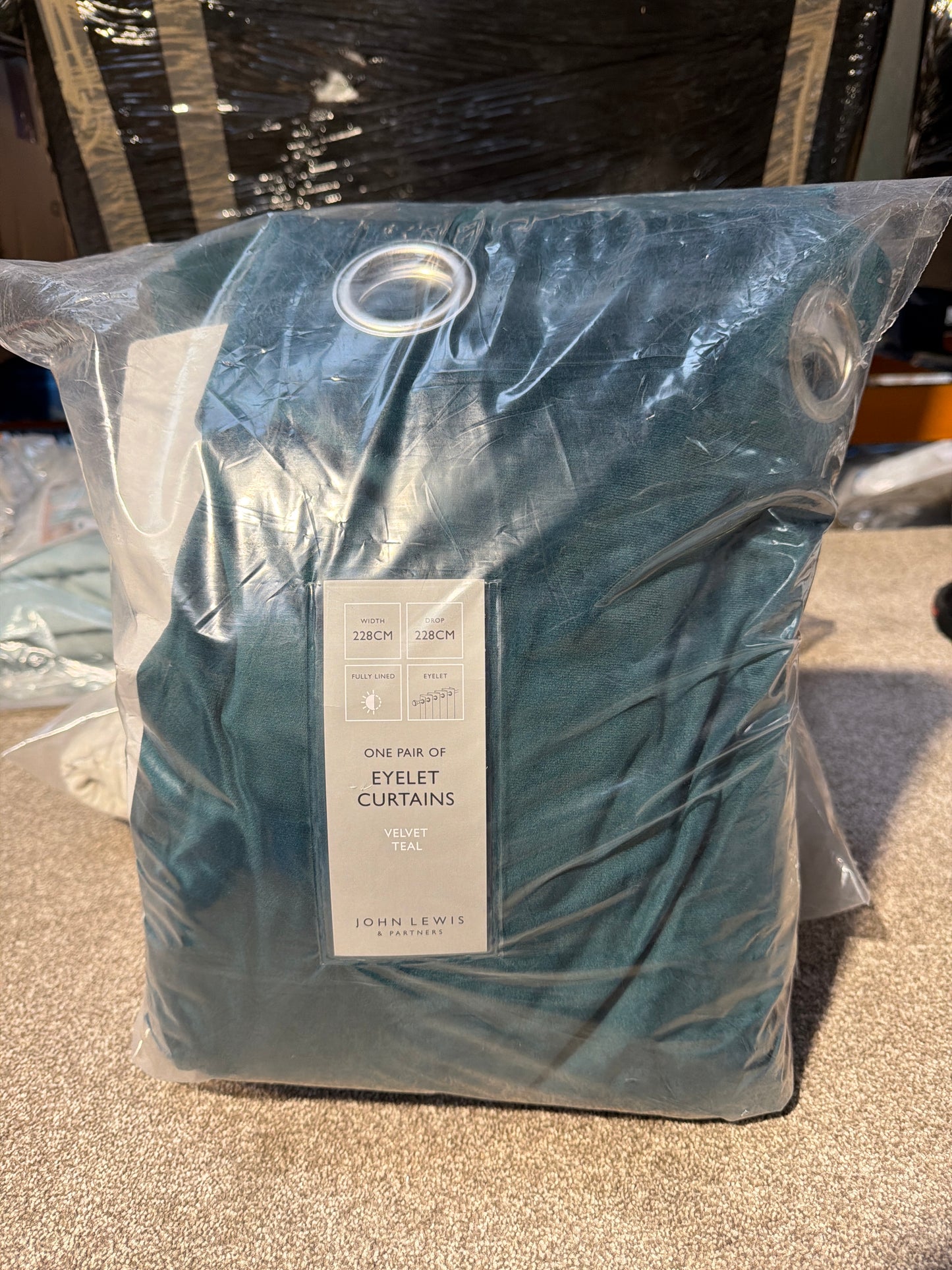 John Lewis Velvet Pair Lined Eyelet Curtains, Teal, W228 x Drop 228cm