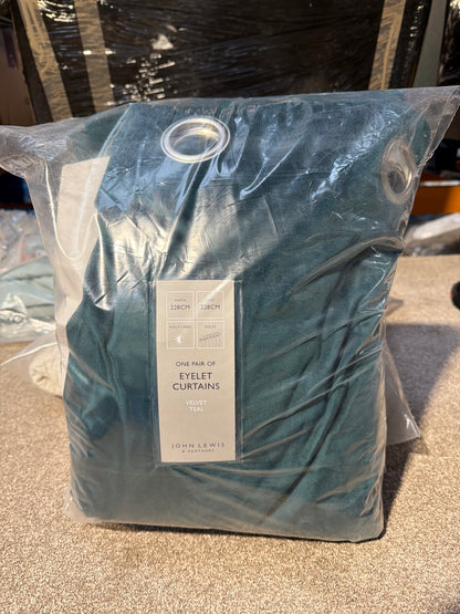 John Lewis Velvet Pair Lined Eyelet Curtains, Teal, W228 x Drop 228cm