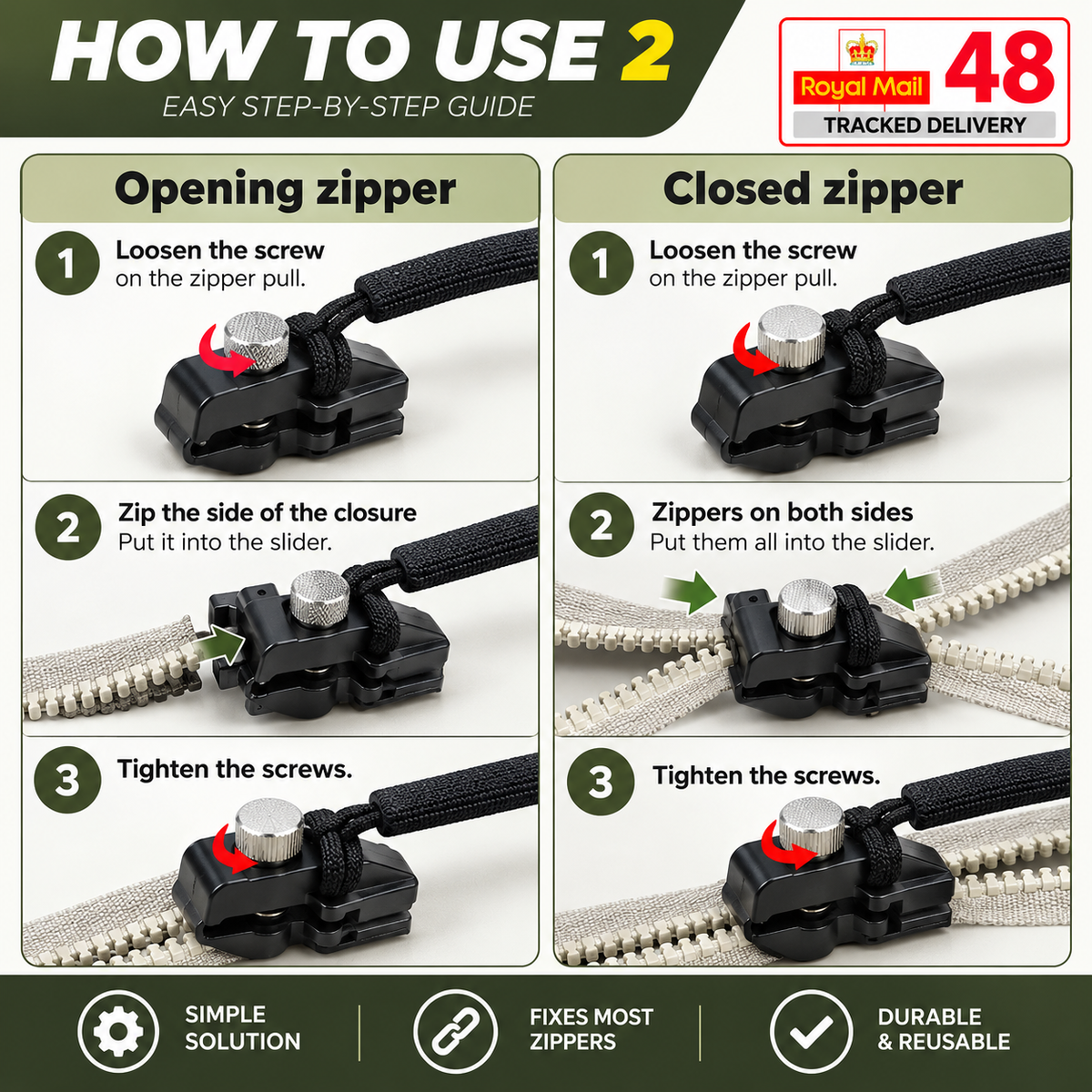 FIX A ZIPPER Universal Repair Kit 3 Sizes Zip Fixer Slider Clip Replacement