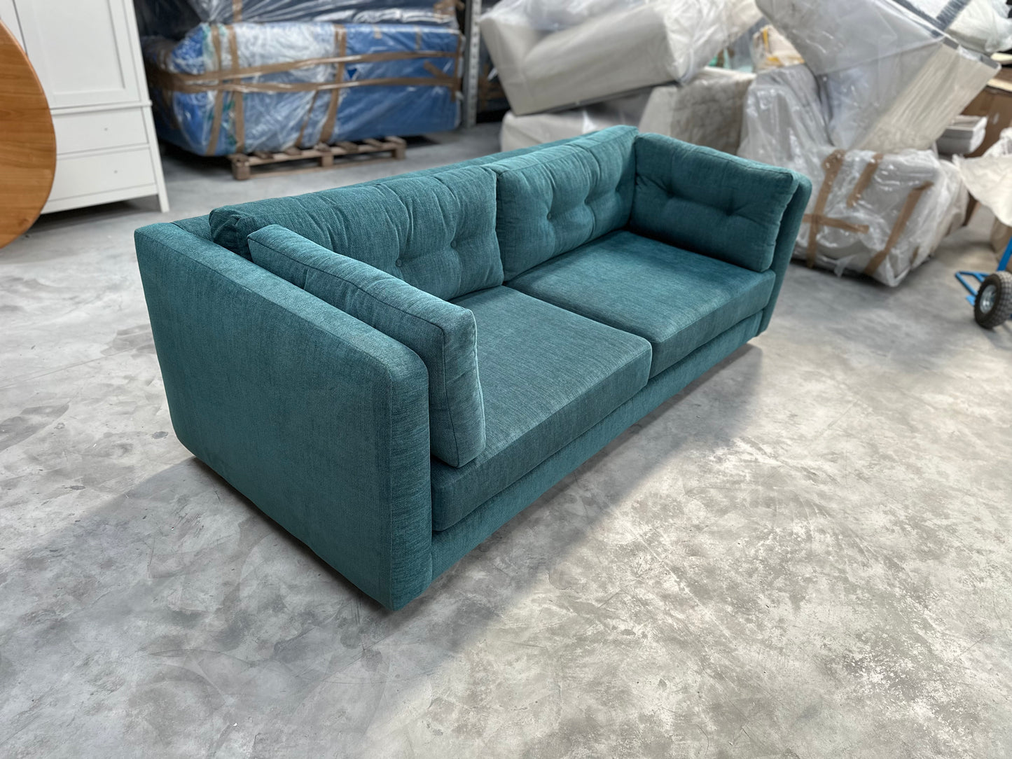 JOHN LEWIS BOOTH MEDIUM 2 SEATER SOFA IN EASY CLEAN TEAL WITH LIGHT LEGS