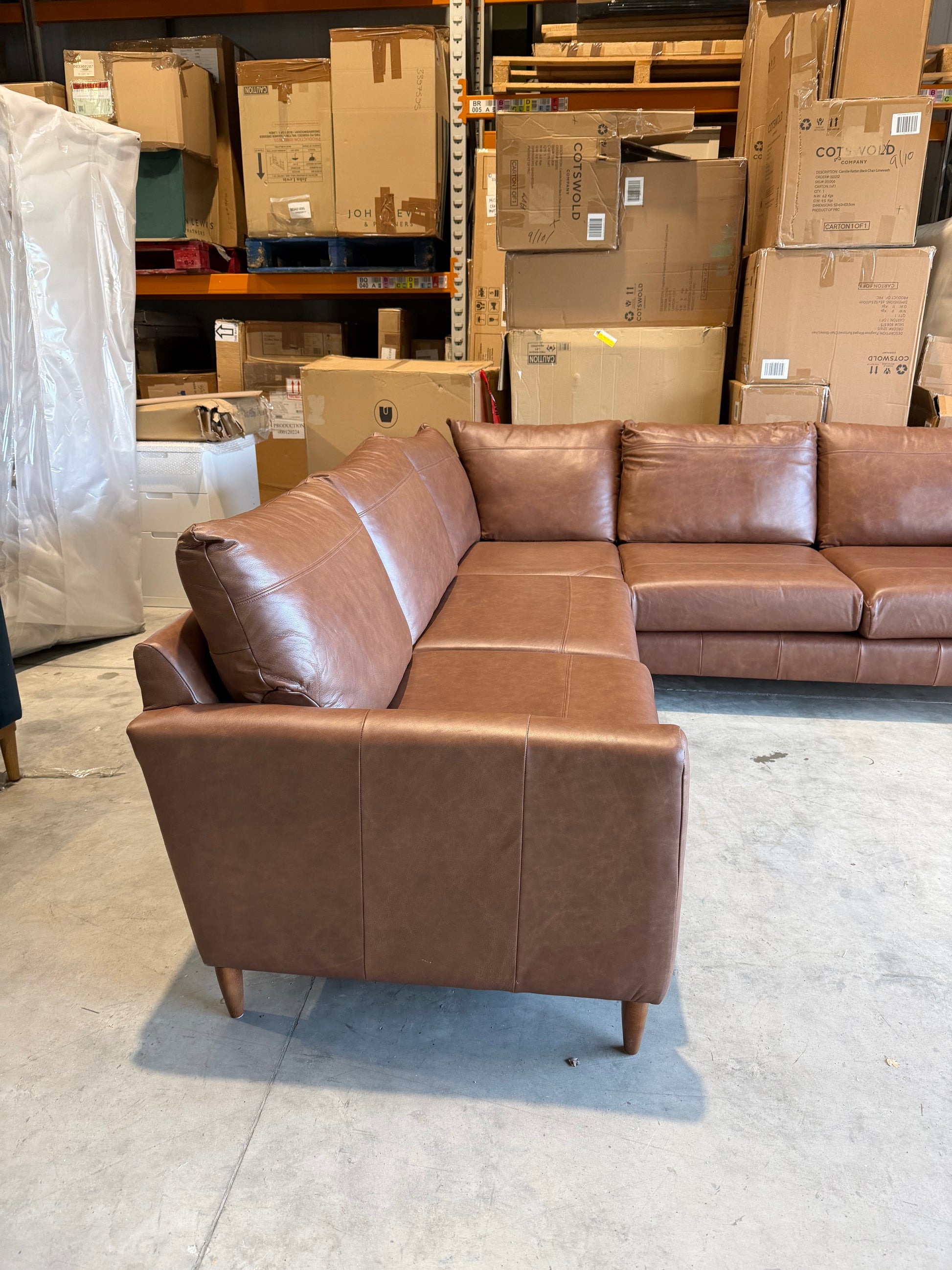 John Lewis Bailey II 5+ Seater Leather Corner Sofa Dark Leg Vintage Toffee