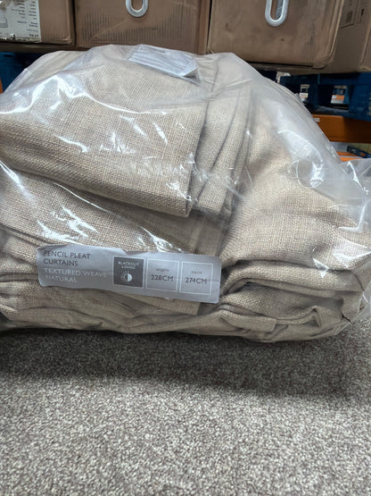 John Lewis Textured Weave Pair Blackout Lined Pencil Pleat Curtains, Natural, W228 x Drop 274cm