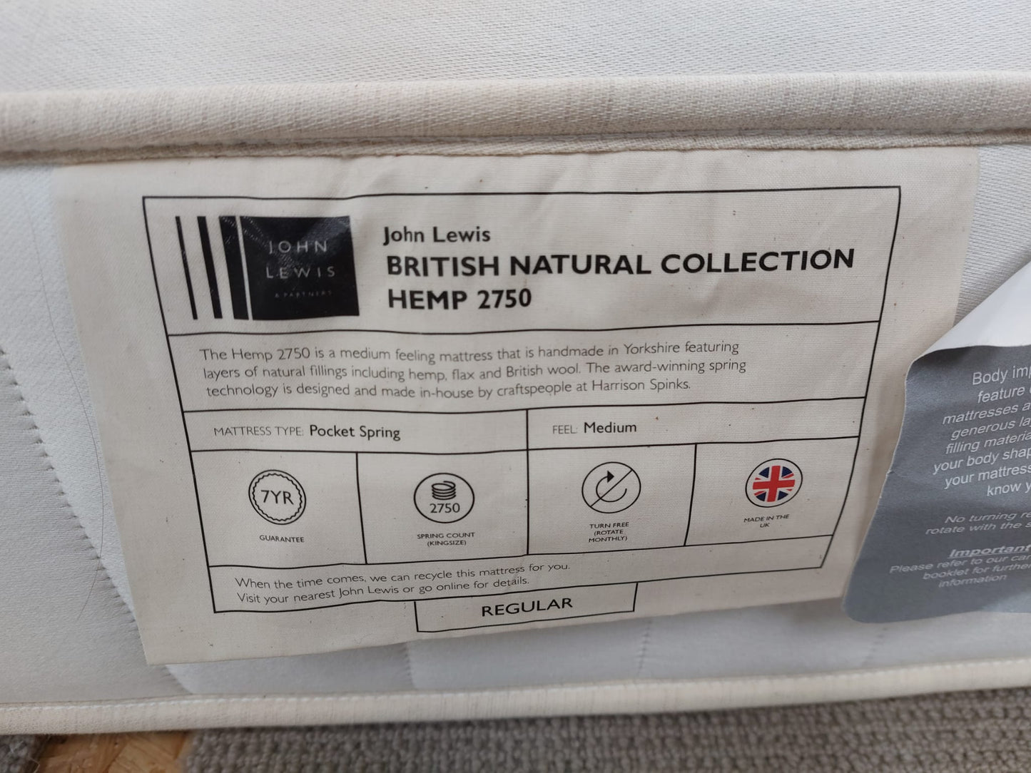 John Lewis British Natural Collection Hemp 2750 Mattress, Regular Tension, Double