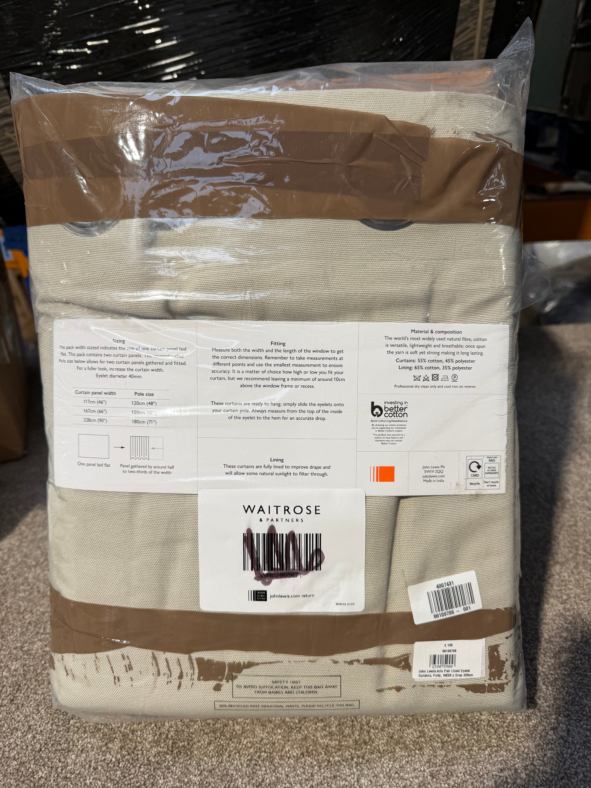 John Lewis Arlo Pair Lined Eyelet Curtains, Putty, W228 x Drop 228cm