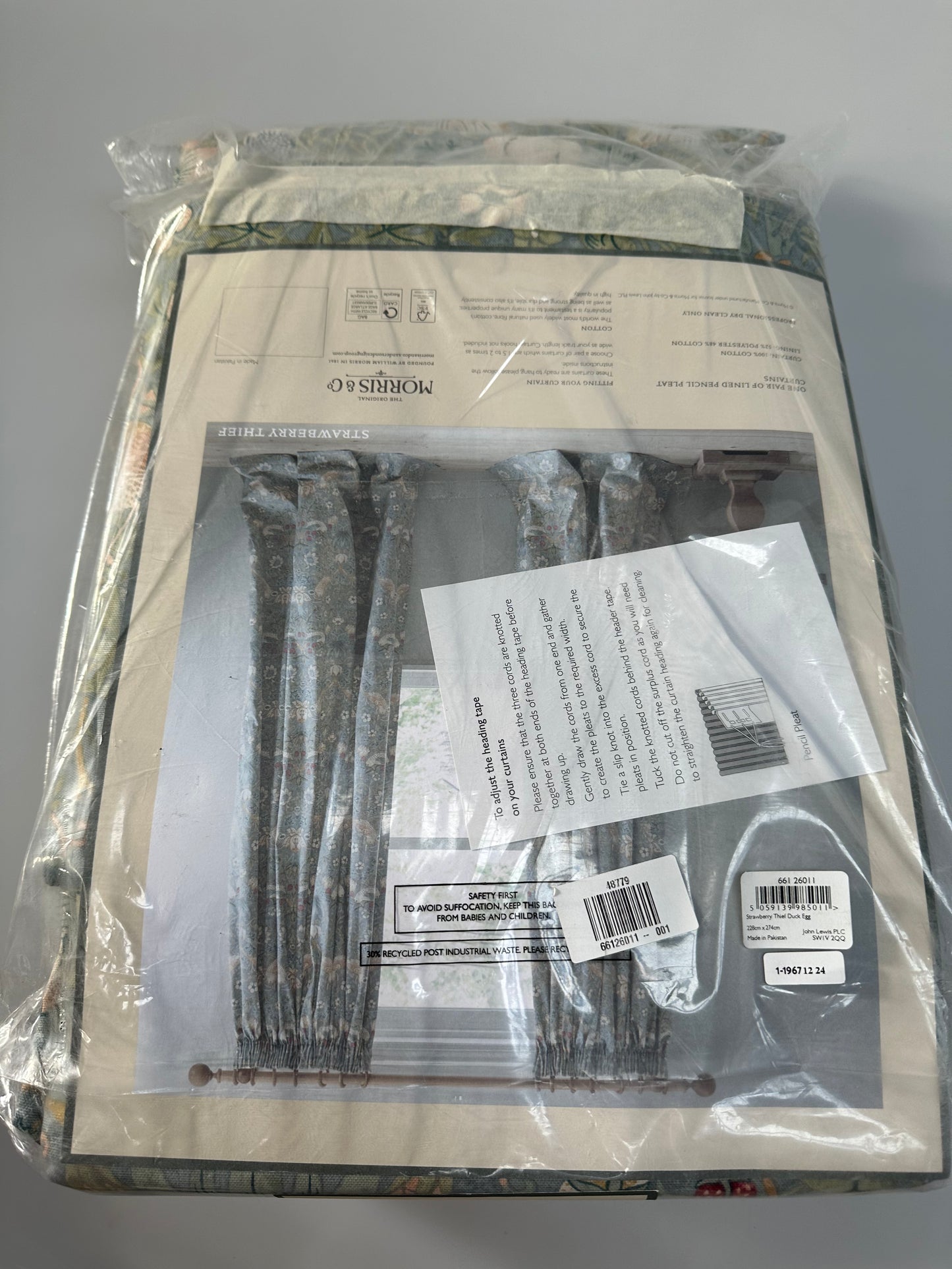 Morris & Co. Strawberry Thief Pair Lined Pencil Pleat Curtains, Duck Egg, W228 x Drop 274cm