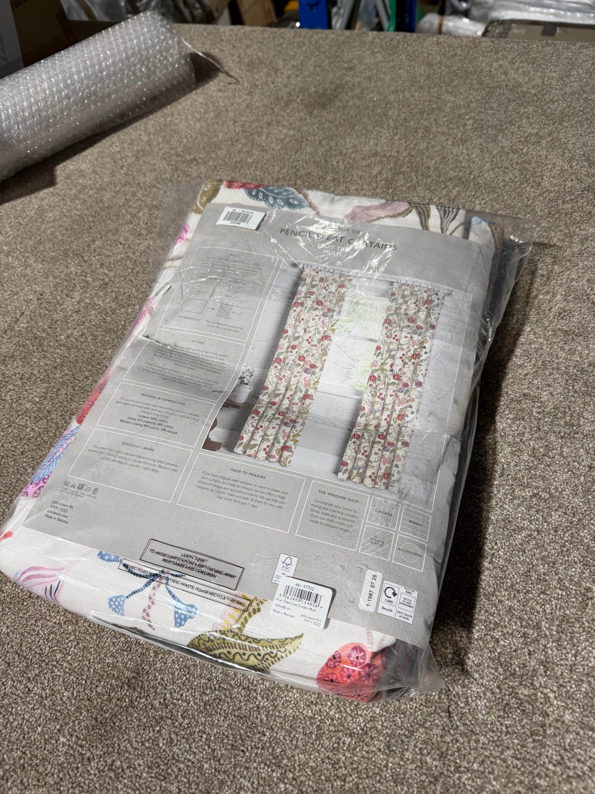 John Lewis Fruit Tree Print Pencil Pleat Pair Blackout Lined Curtains, Multi, W167 x Drop 182cm