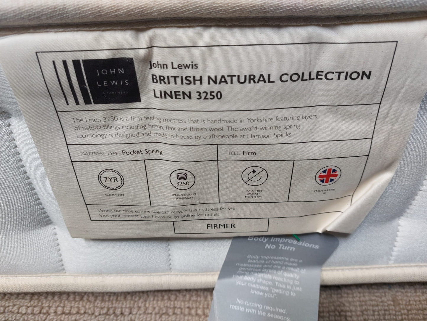 John Lewis British Natural Collection Linen 3250 Mattress, Firmer Tension, Single