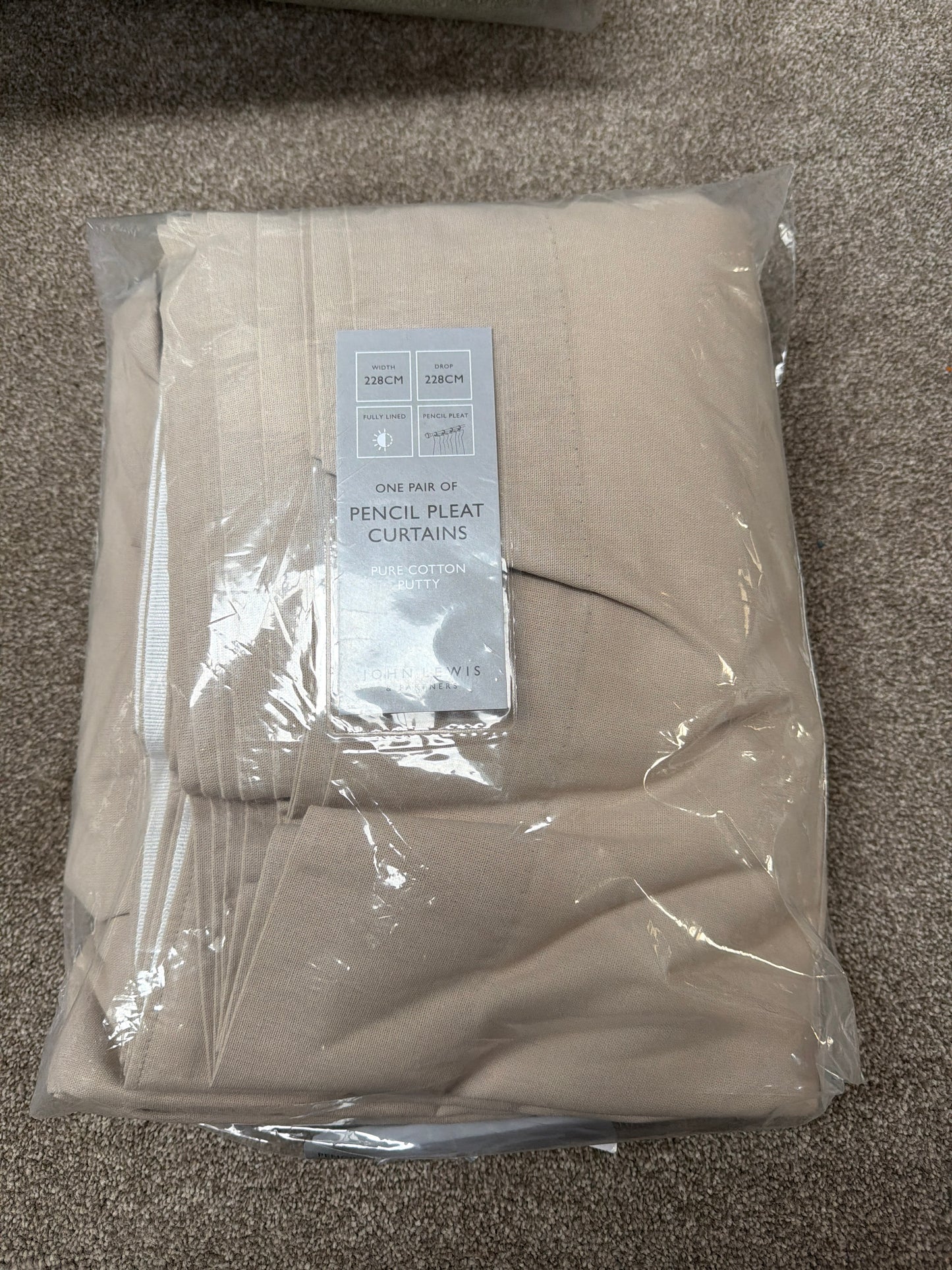 John Lewis Pure Cotton Pair Lined Pencil Pleat Curtains, Putty, W228 x Drop 228cm