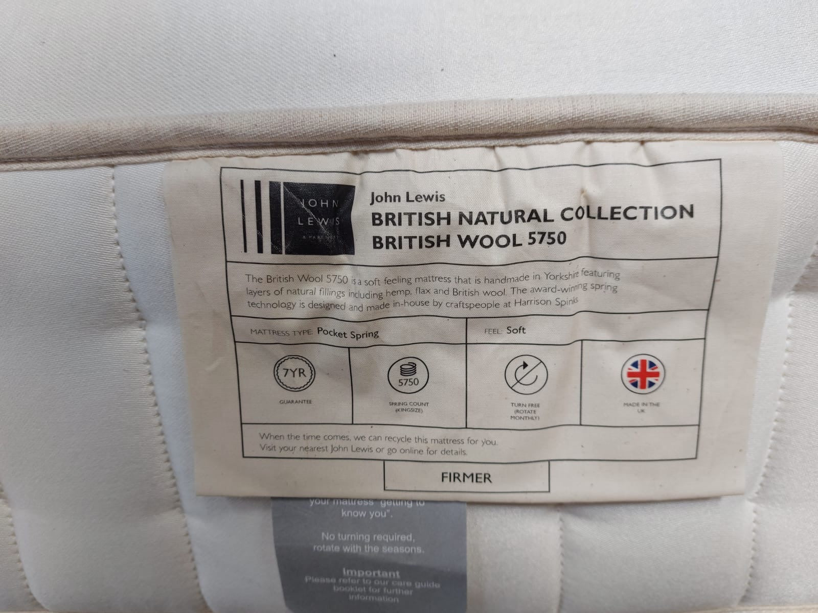 John Lewis British Natural Collection, Wool 5750 Mattress, Firmer Tension, Double
