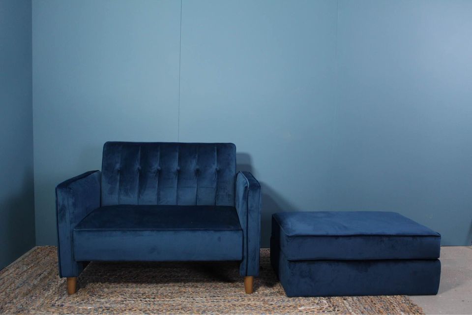 Blue Velvet Cuddle Chair and Foot Stall Bespoke