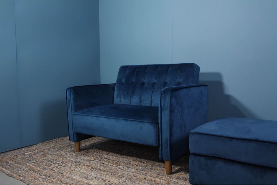 Blue Velvet Cuddle Chair and Foot Stall Bespoke