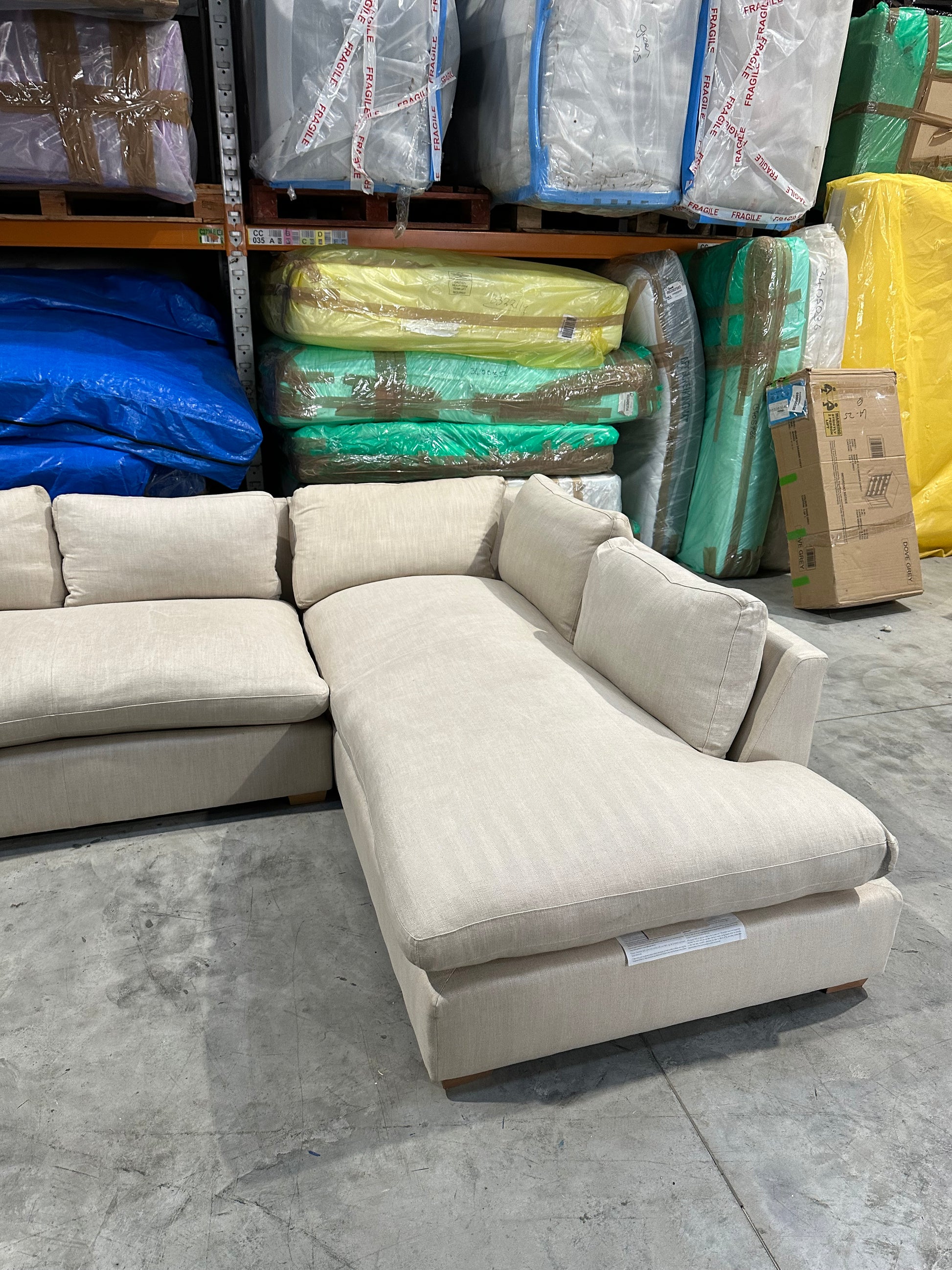 John Lewis Tortona RHF Chaise Sofa Premium Herringbone Fabric Light Legs Natural