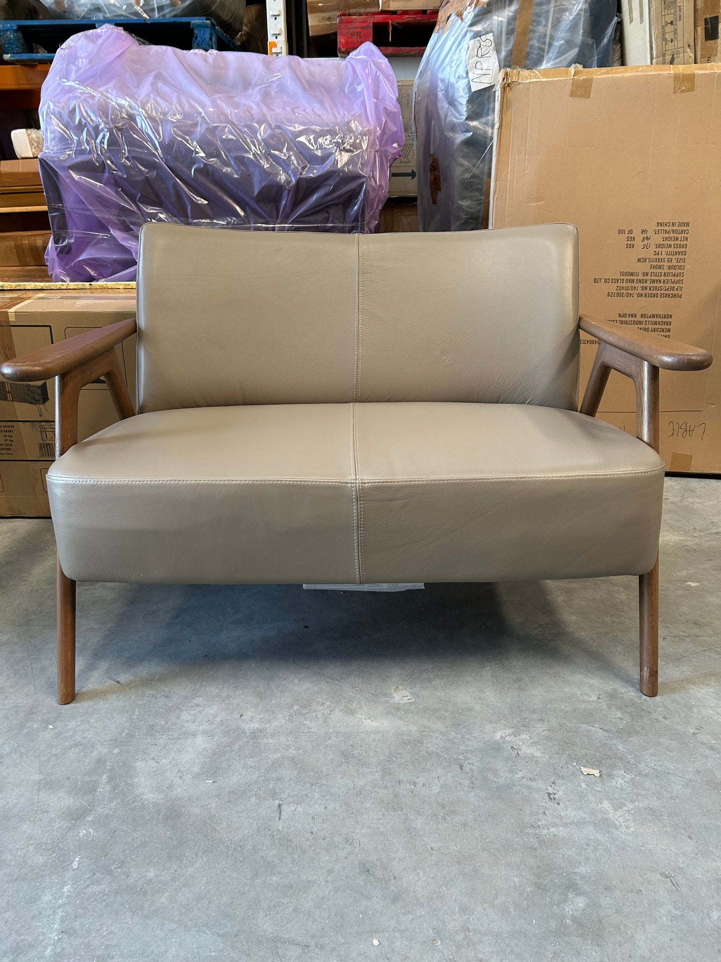 John lewis hendricks medium 2 seater leather sofa dark wood frame 113cm long x 83cm deep x 75cm high, mushroom in colour, List