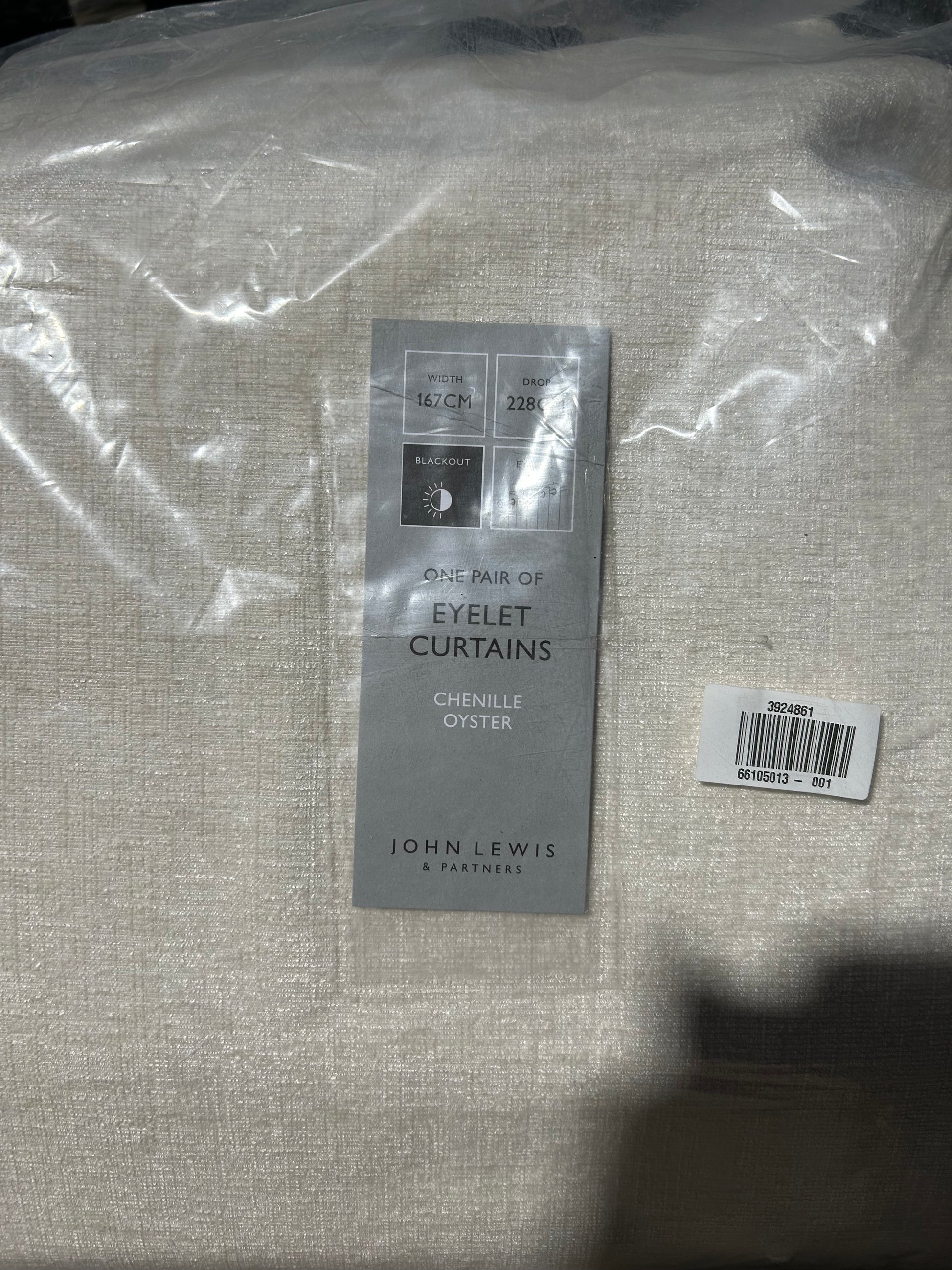 John Lewis Chenille Pair Blackout/Thermal Lined Eyelet Curtains, Oyster, W167 x Drop 228cm