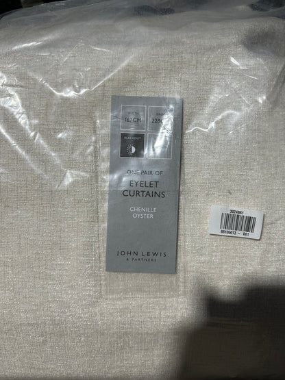 John Lewis Chenille Pair Blackout/Thermal Lined Eyelet Curtains, Oyster, W167 x Drop 228cm