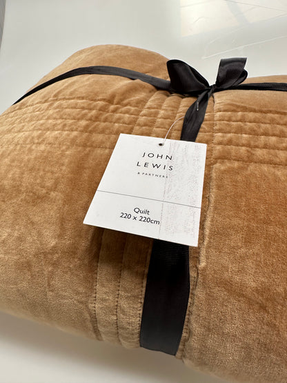 John Lewis Cotton Velvet Check Quilted Bedspread, Caramel