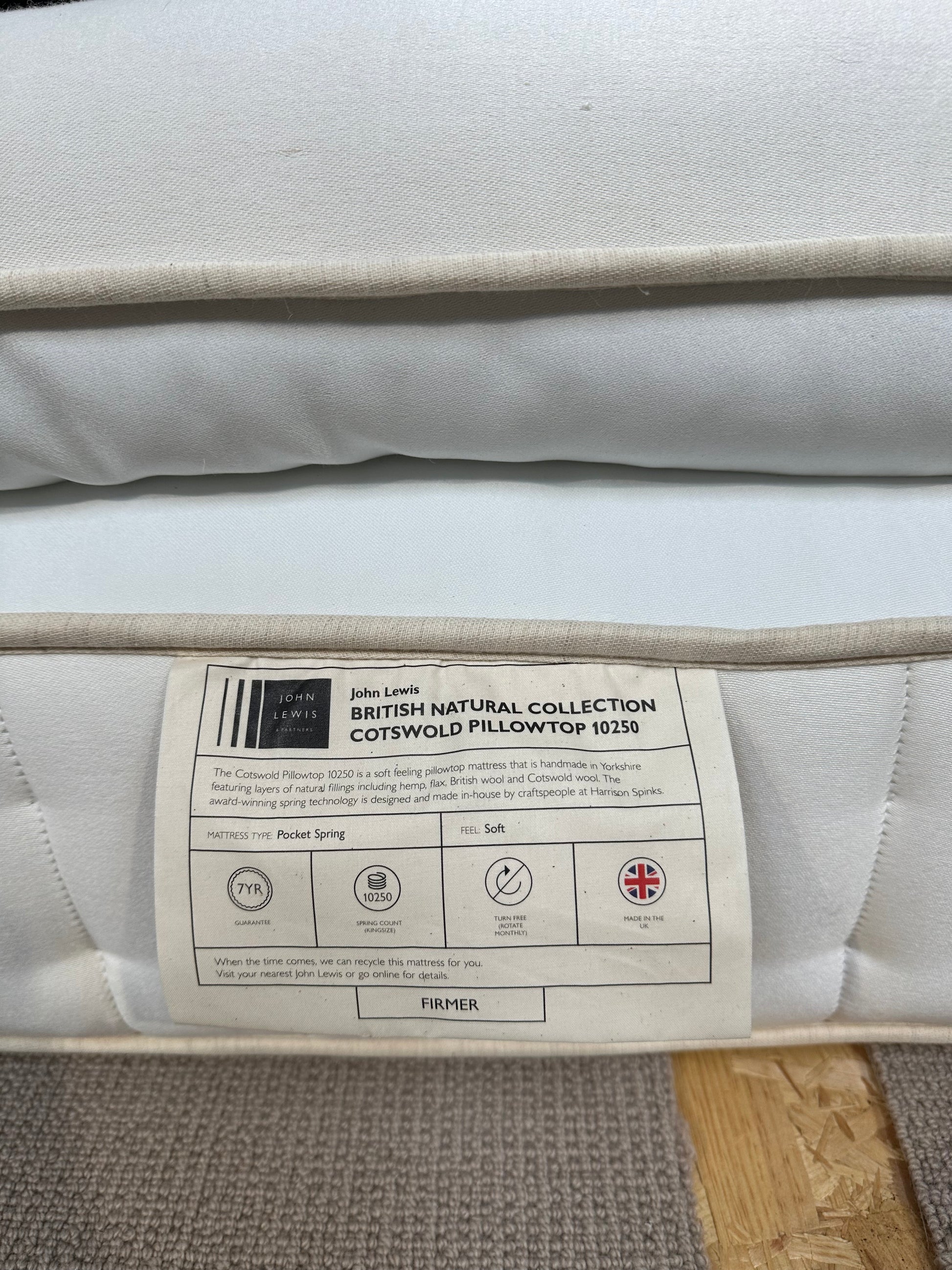 John Lewis British Natural Collection Cotswold Pillowtop 10250 Mattress, Regular Tension, King Size Firmer