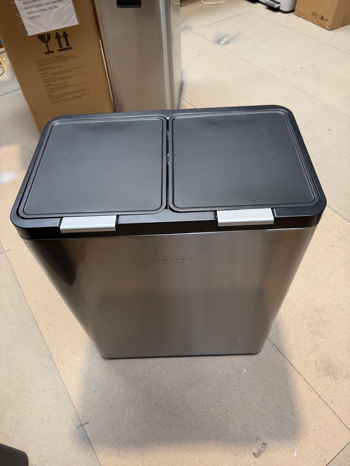John Lewis 2 Section Touch Recycling Bin, with Handles, Stainless Steel, 30+30L