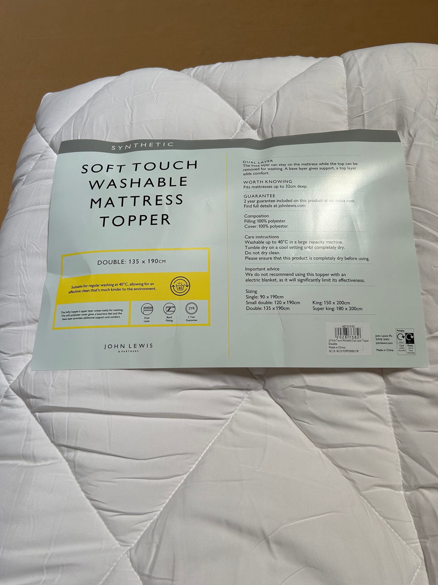 John Lewis Double Mattress Topper Synthetic Soft Touch Washable Dual Layer 6cm Deep