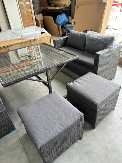 John Lewis Alora Cube 6-Seater Garden Dining Table, Sofas & Stools Set, Brown/Grey