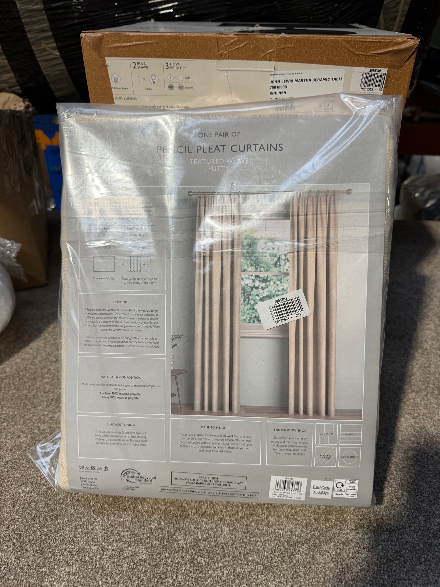 John Lewis Textured Weave Pair Blackout Lined Pencil Pleat Curtains, Putty, W228 x Drop 182cm