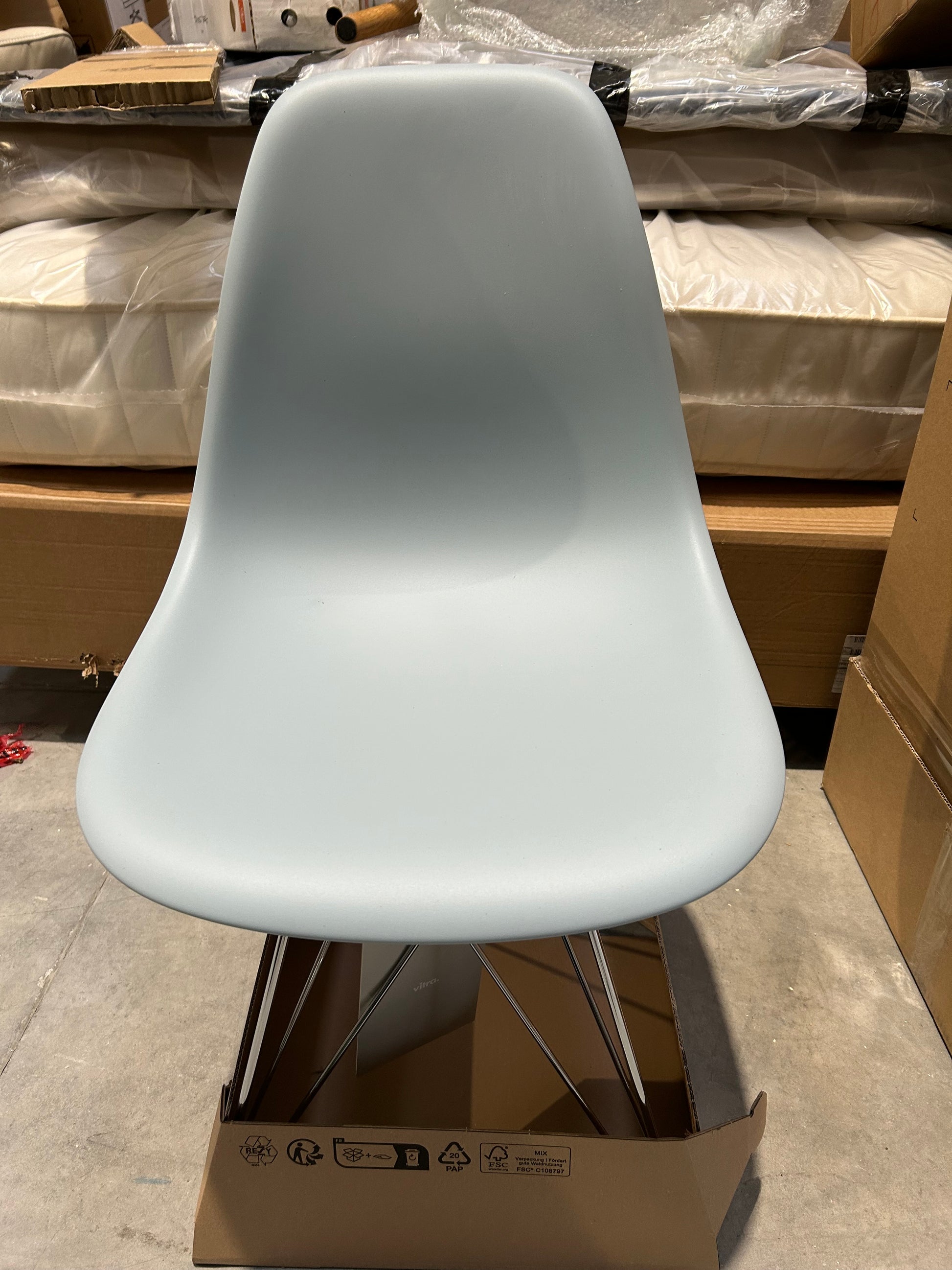Vitra Eames RE DSR Recycled Plastic Chair, Chrome Legs, Light Grey