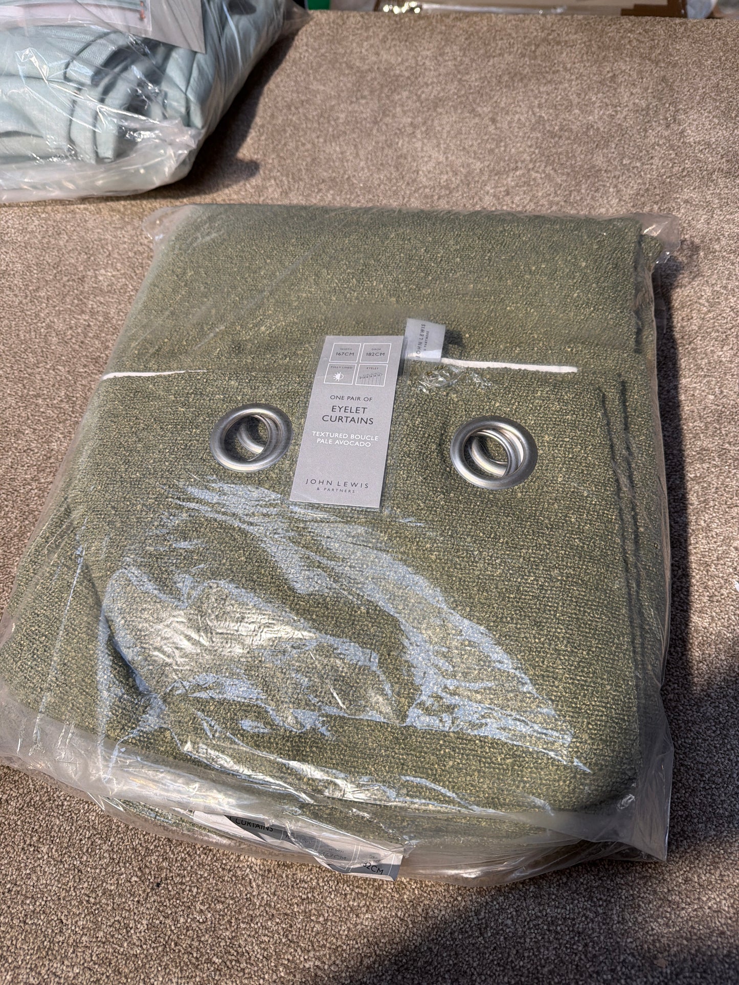 John Lewis Textured Boucle Pair Lined Eyelet Curtains, Pale Avocado, W167 x Drop 182