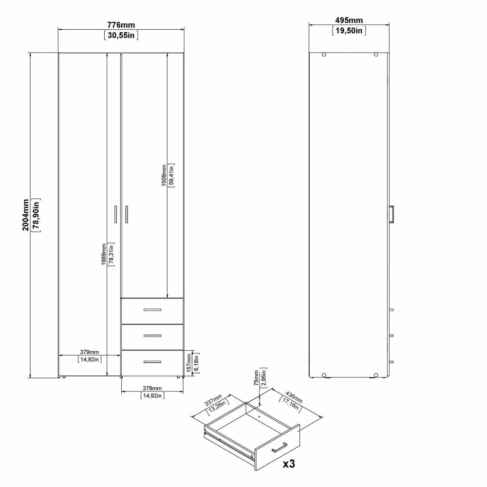 SPACE WARDROBE WITH 2 DOORS + 3 DRAWERS (200)