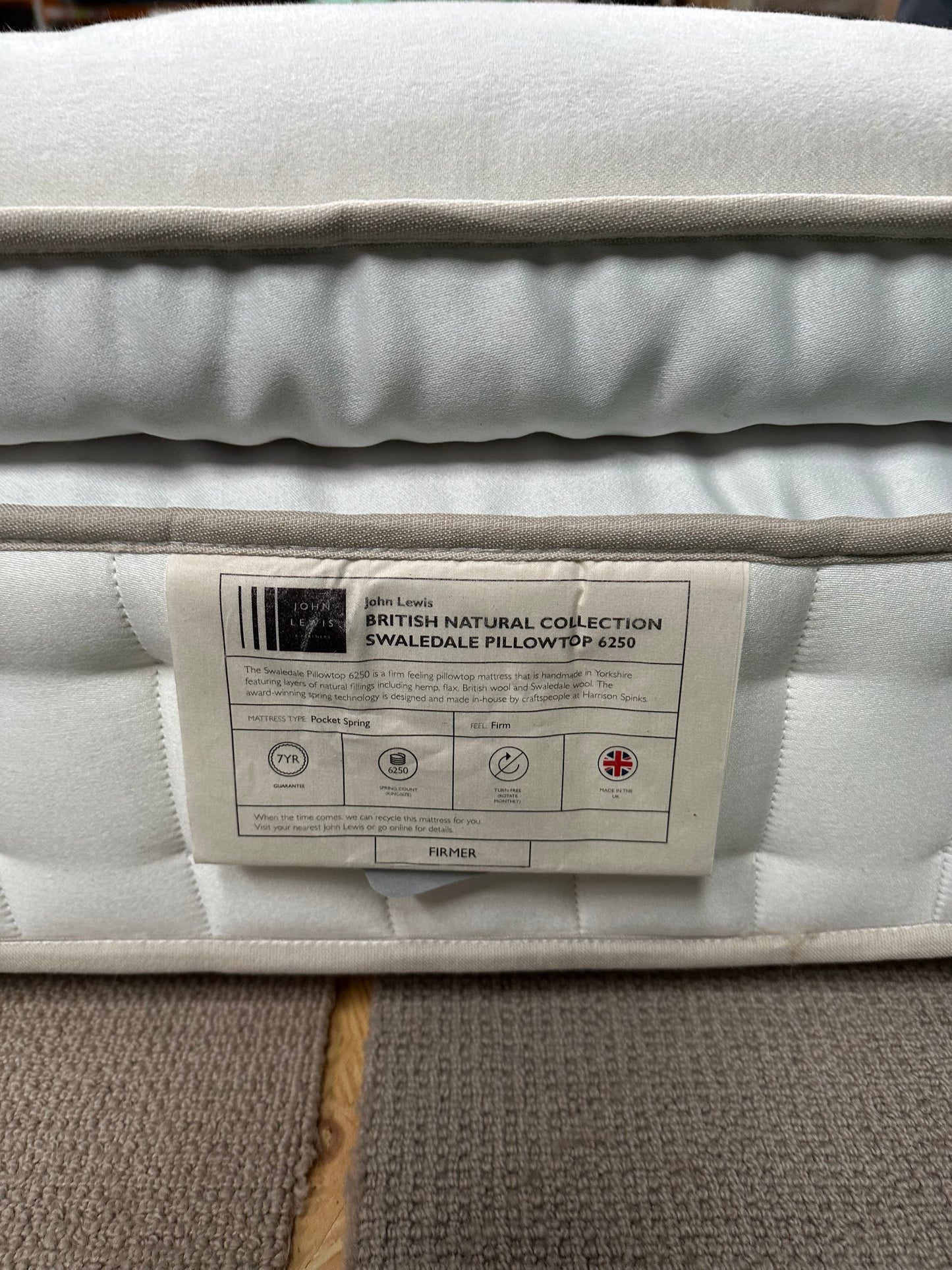 John Lewis British Natural Collection Swaledale Pillowtop 6250 Mattress, Firmer Tension, King Size