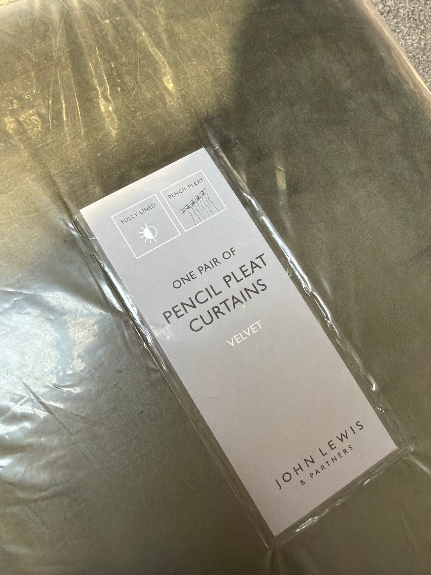 John Lewis Velvet Pair Lined Pencil Pleat Curtains, Khaki Green, W228 x Drop 274