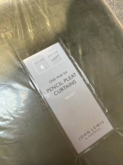 John Lewis Velvet Pair Lined Pencil Pleat Curtains, Khaki Green, W228 x Drop 274