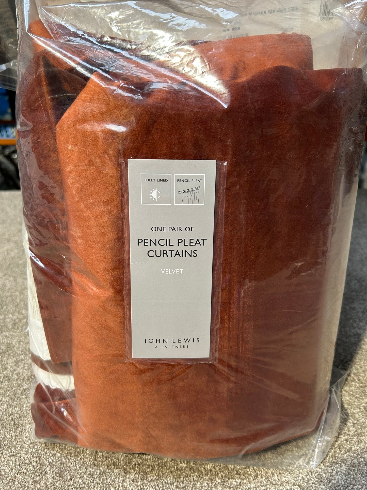 John Lewis Velvet Pair Lined Pencil Pleat Curtains, Sienna, W167 x Drop 182cm