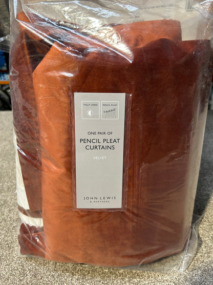 John Lewis Velvet Pair Lined Pencil Pleat Curtains, Sienna, W167 x Drop 182cm