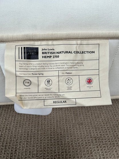 John Lewis British Natural Hemp 2750 Mattress Regular Double