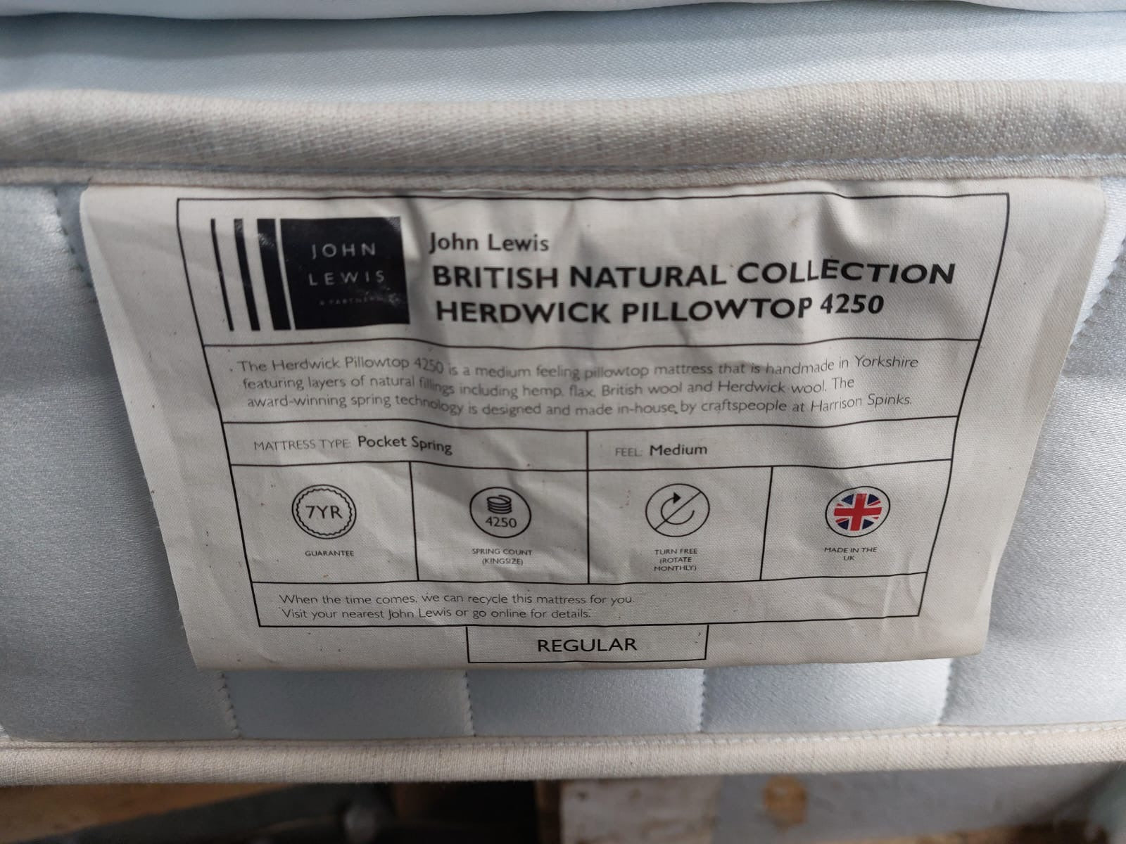 John Lewis British Natural Collection Herdwick Pillowtop 4250, Double, Regular Tension Pocket Spring Mattress