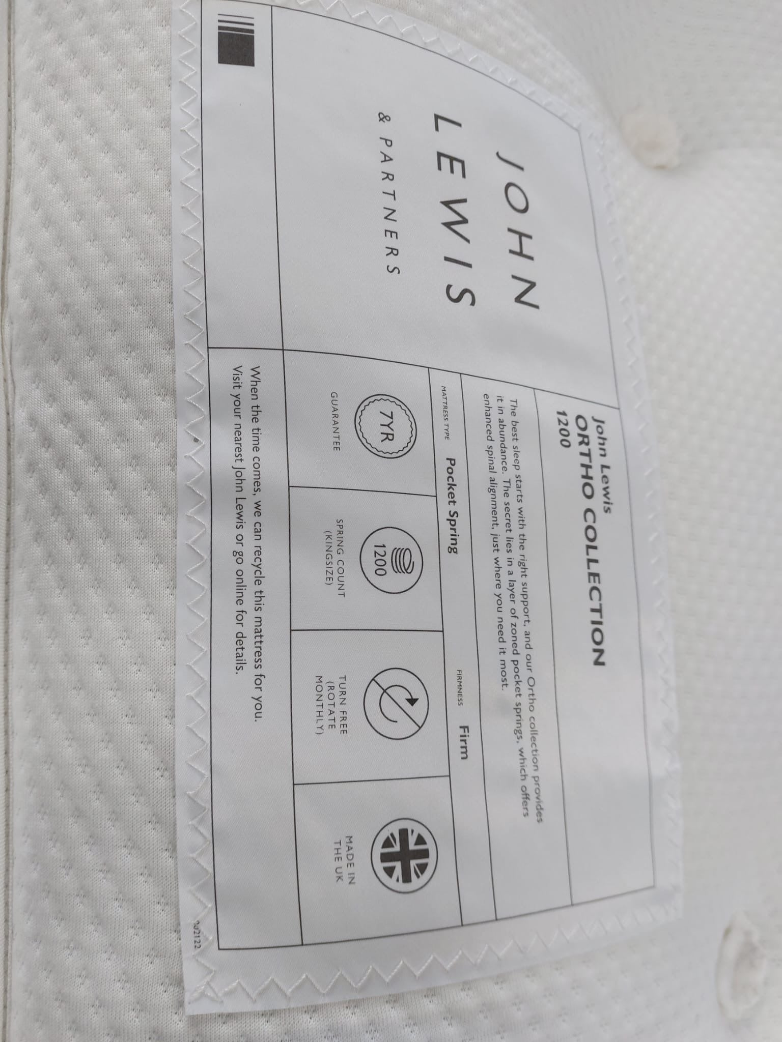 John Lewis Ortho Support 1200 Pocket Spring Mattress, Firm Tension, Double