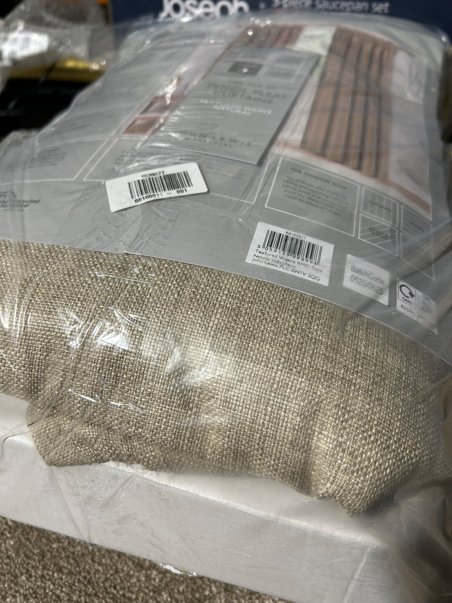 John Lewis Textured Weave Pair Blackout Lined Pencil Pleat Curtains, Natural, W228 x Drop 274cm