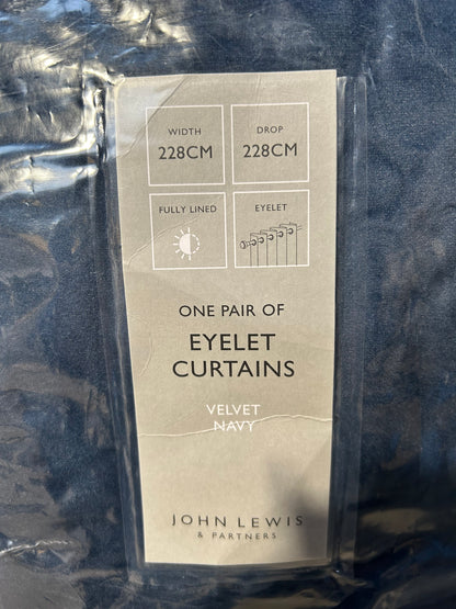 John Lewis Velvet Pair Lined Eyelet Curtains, Navy, W228 x Drop 228cm