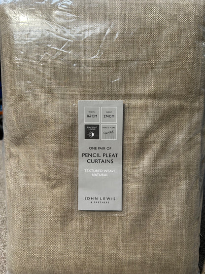 John Lewis Textured Weave Pair Blackout Lined Pencil Pleat Curtains, Natural, W167 x Drop 274cm