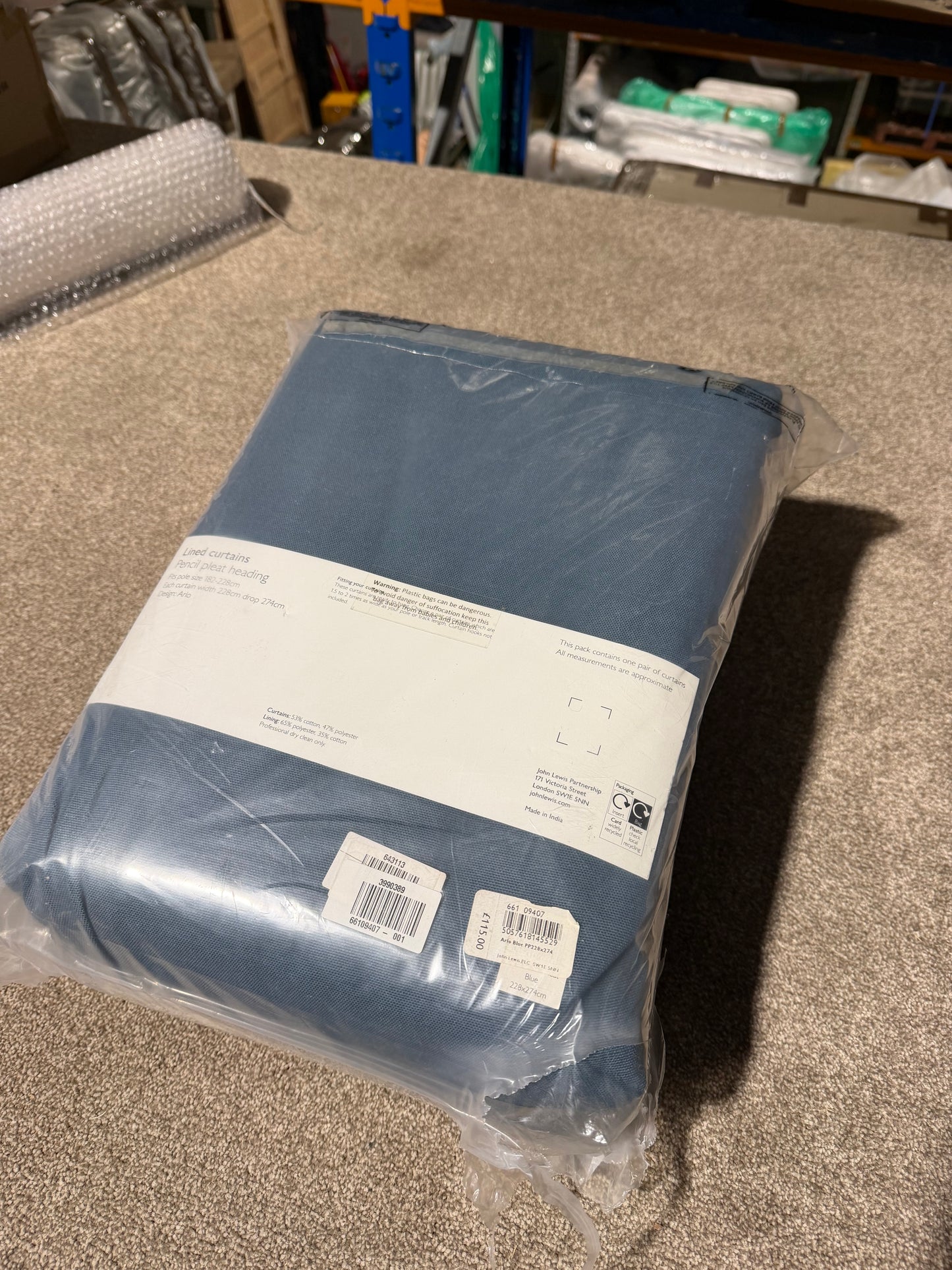 John Lewis Arlo Pair Lined Pencil Pleat Curtains, Blue, W228 x Drop 274cm