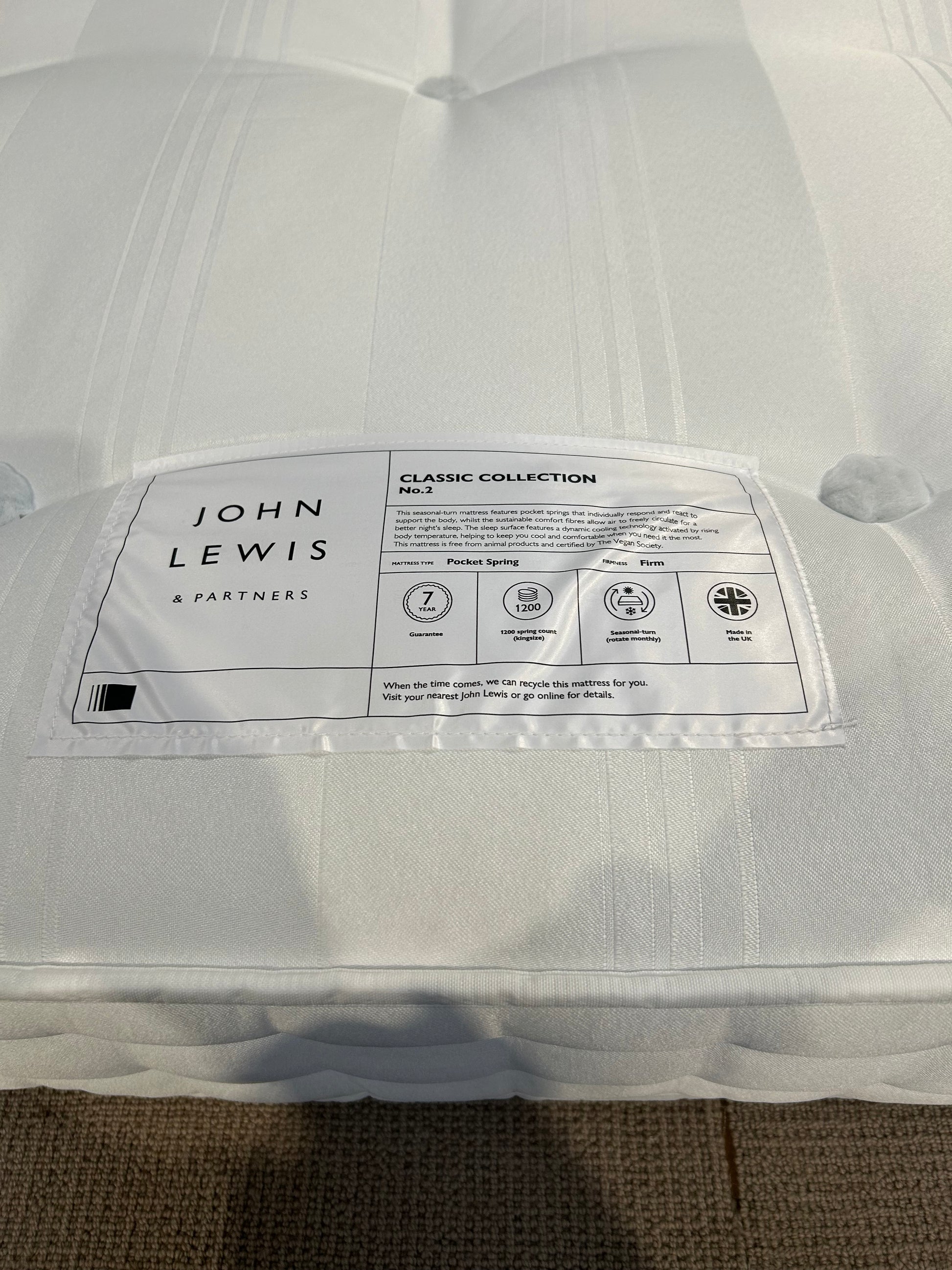 John Lewis Waitrose Wool NO 2 Pocket Spring Mattress Firm Tension King Size