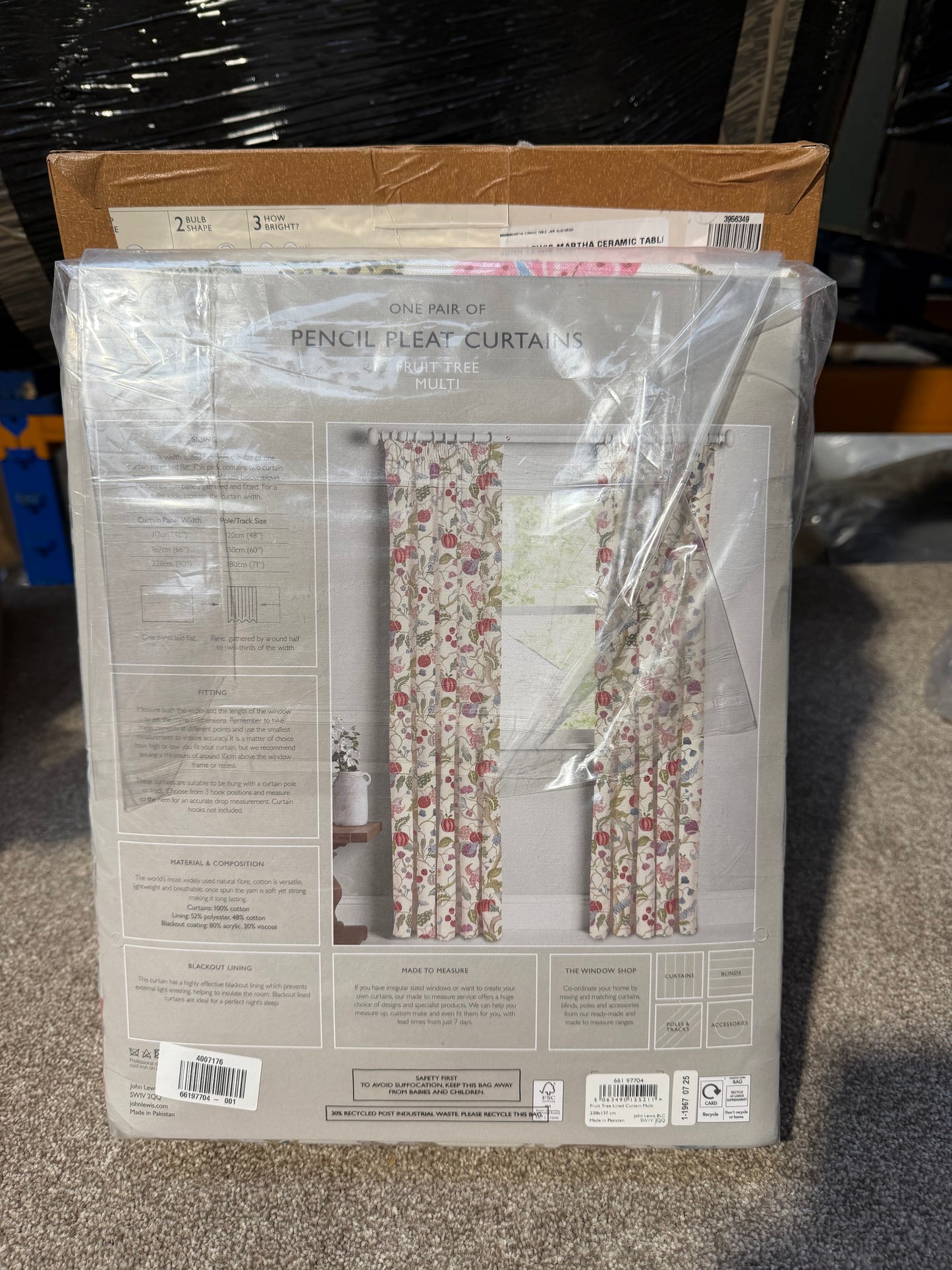 John Lewis Fruit Tree Print Pencil Pleat Pair Blackout Lined Curtains, Multi, W228 x Drop 137cm