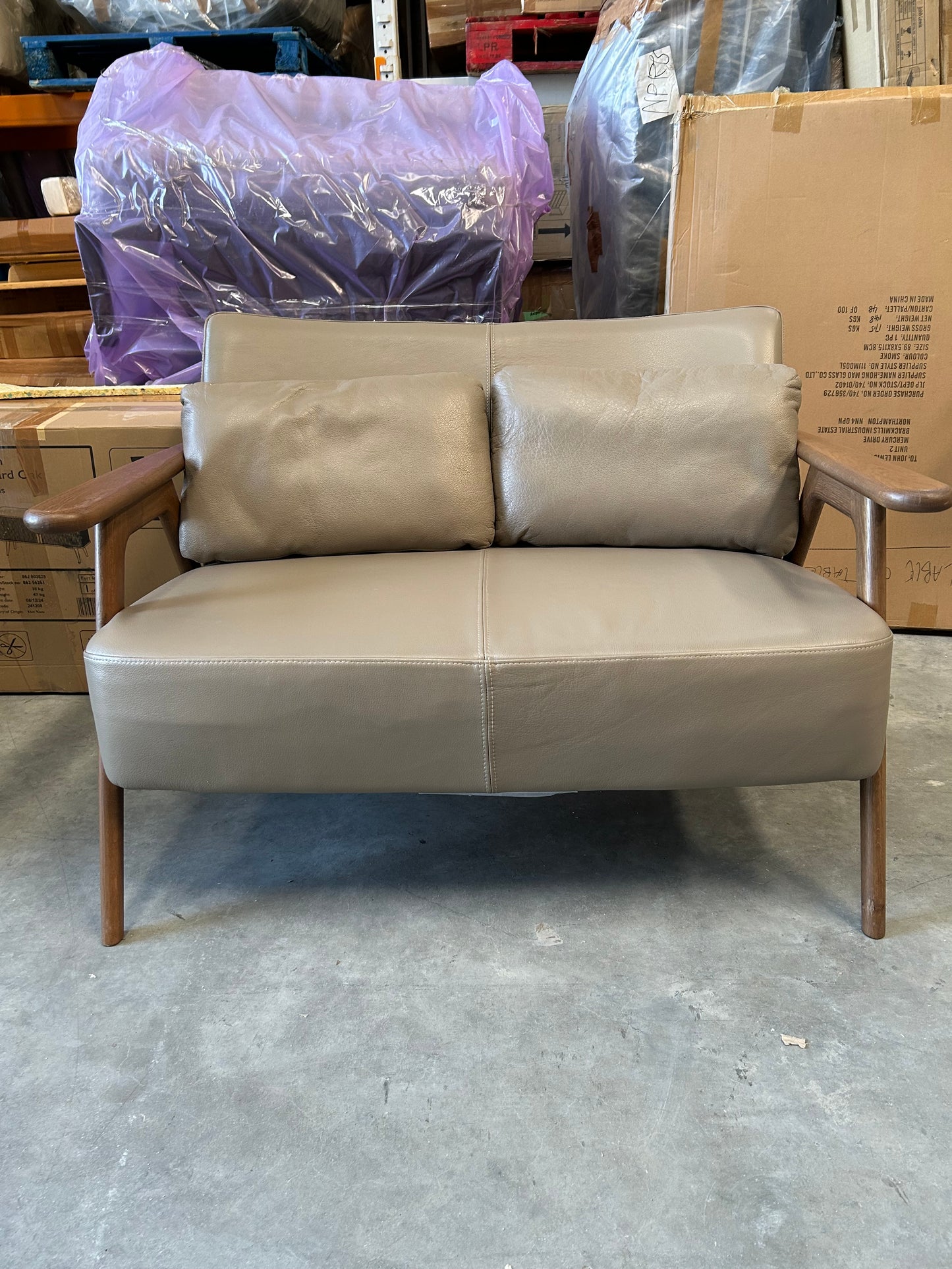 John lewis hendricks medium 2 seater leather sofa dark wood frame 113cm long x 83cm deep x 75cm high, mushroom in colour, List