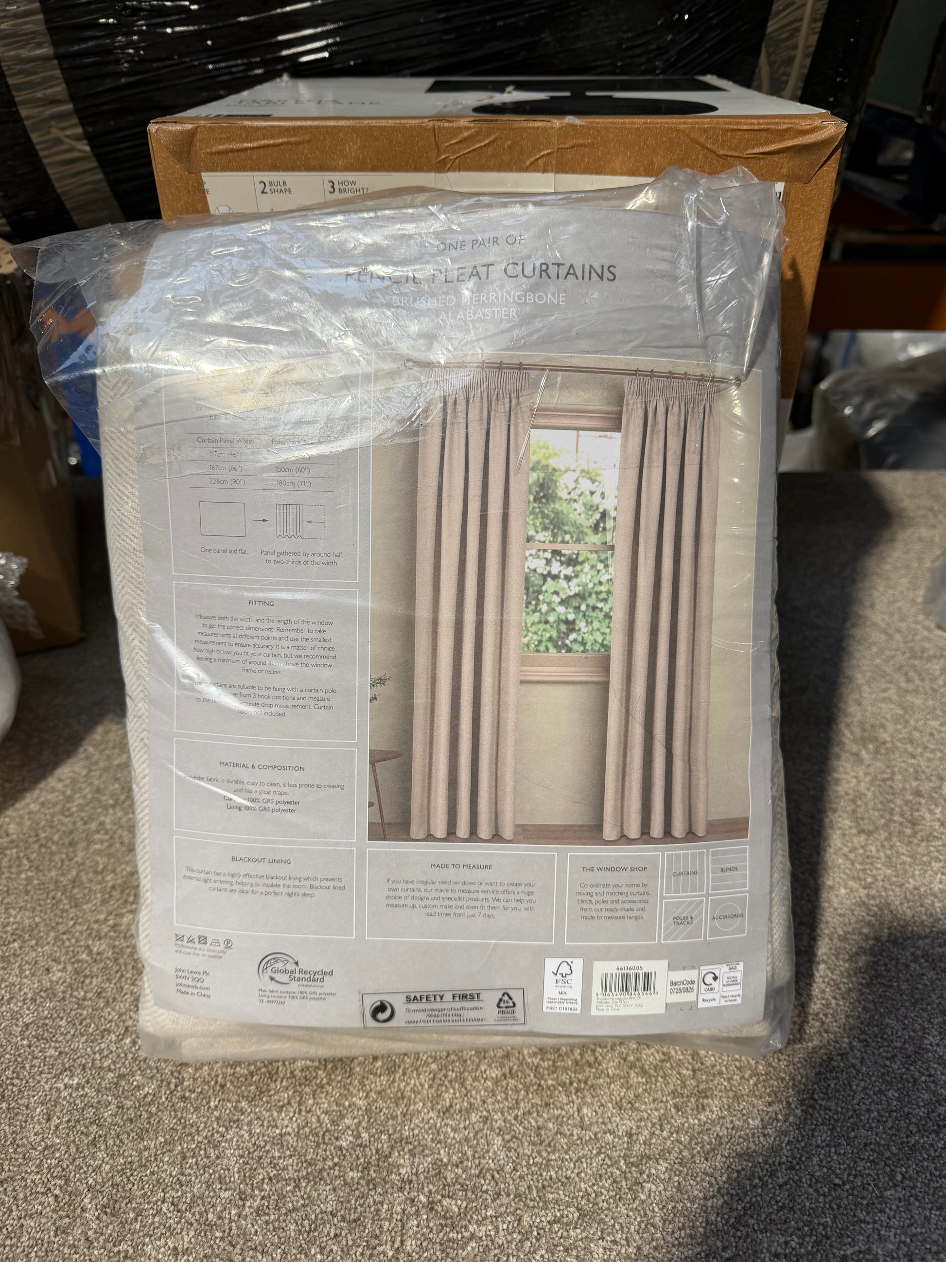 John Lewis Brushed Herringbone Pair Blackout Lined Pencil Pleat Curtains, Alabaster, W228 x Drop 137cm