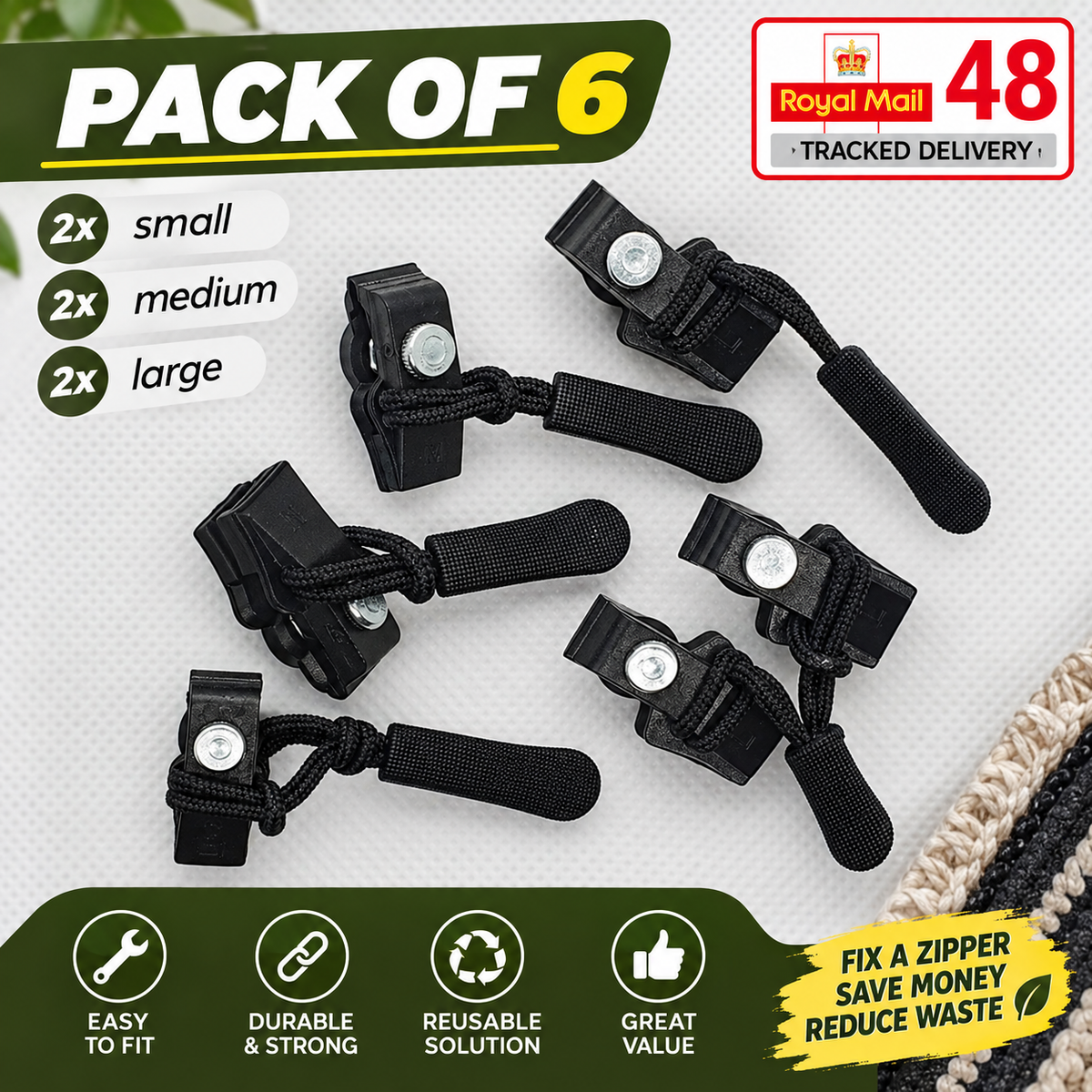 FIX A ZIPPER Universal Repair Kit 3 Sizes Zip Fixer Slider Clip Replacement