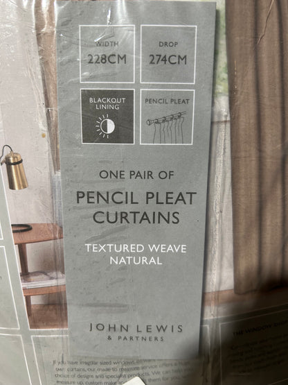 John Lewis Textured Weave Pair Blackout Lined Pencil Pleat Curtains, Natural, W228 x Drop 274cm