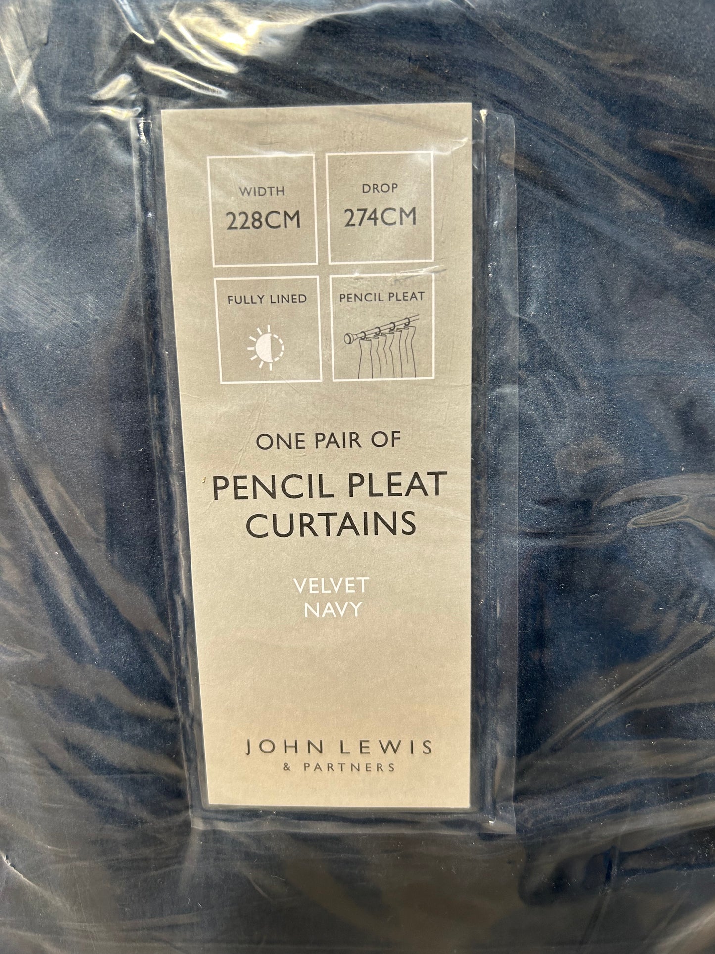 John Lewis Velvet Pair Lined Pencil Pleat Curtains, Navy, W228 x Drop 274cm