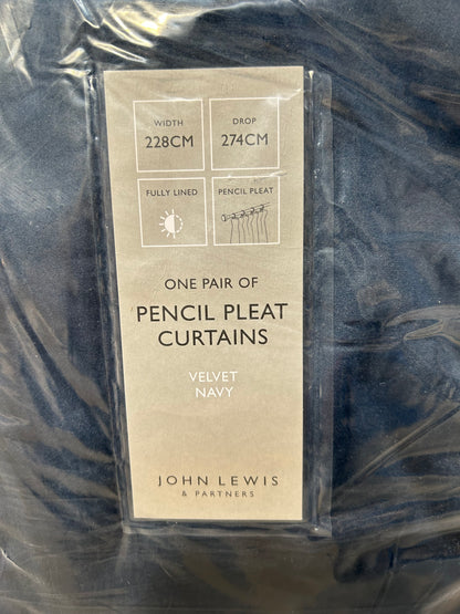 John Lewis Velvet Pair Lined Pencil Pleat Curtains, Navy, W228 x Drop 274cm