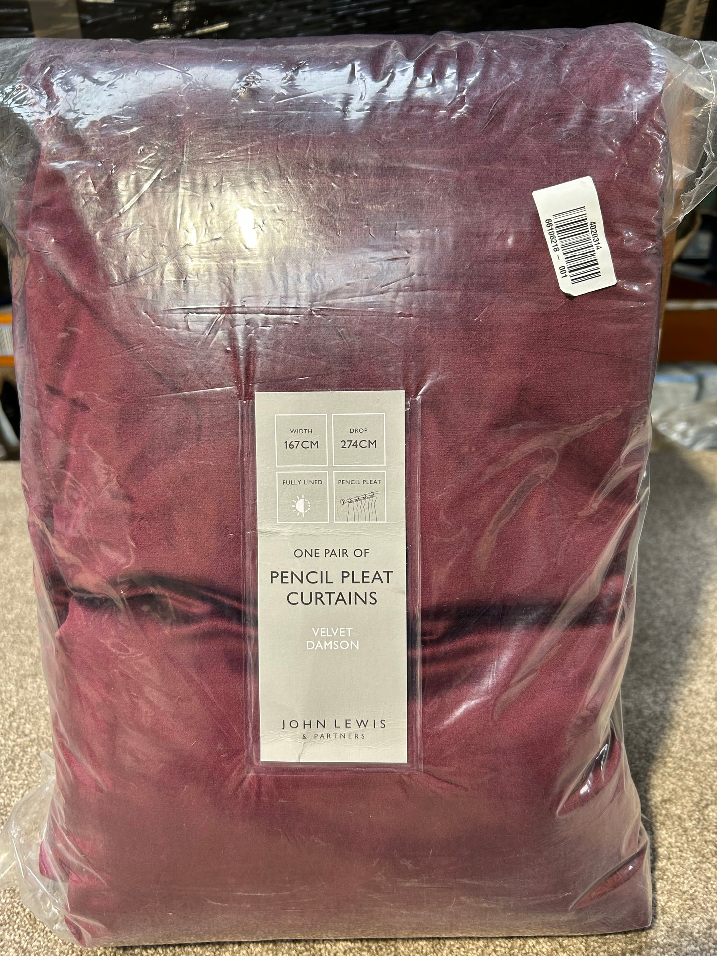 John Lewis Velvet Pair Lined Pencil Pleat Curtains, Damson, W167 x Drop 274cm